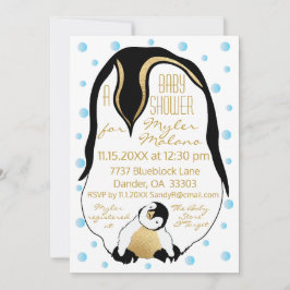 Babydusche Einladung Blue Baby & Mommy Pinguine
