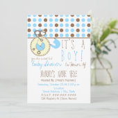 Babydusche Einladung - Blue Diaper Button & Polka  (Stehend Vorderseite)