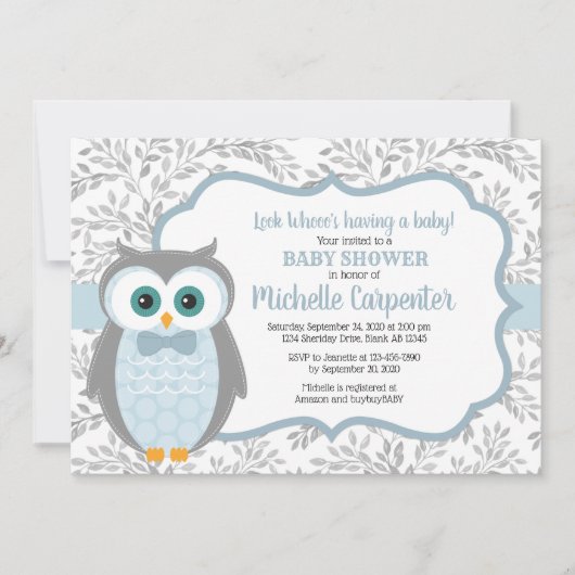 Babydusche Einladung Junge blau graue Waldfläche (Vorderseite)