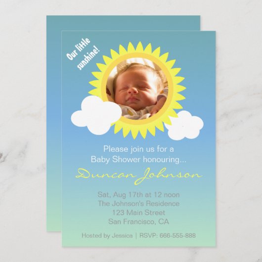 Babydusche Einladung: Kleiner Sonnenschein und Wol Einladung (Vorne/Hinten)