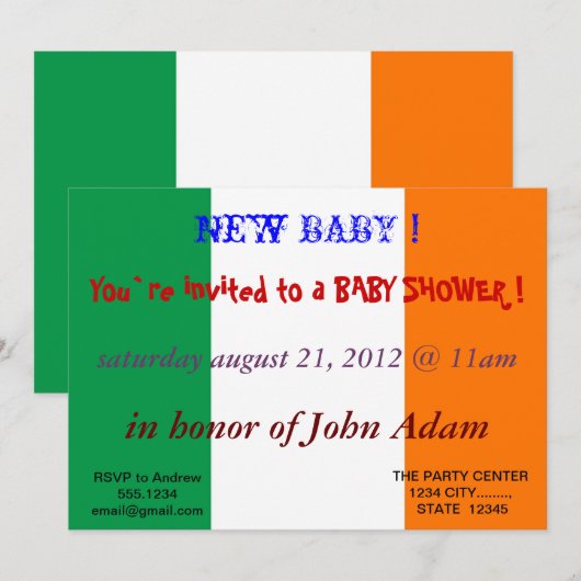 Babydusche Einladung mit der Flagge Irlands (Vorne/Hinten)