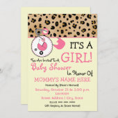 Babydusche Einladung - Rosa Button & Leopard (Vorne/Hinten)