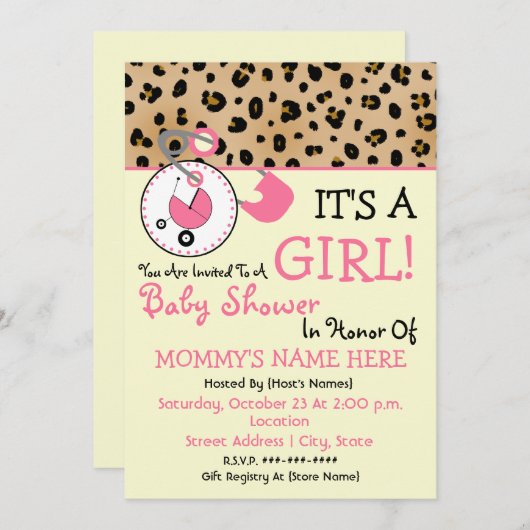 Babydusche Einladung - Rosa Button & Leopard (Vorne/Hinten)