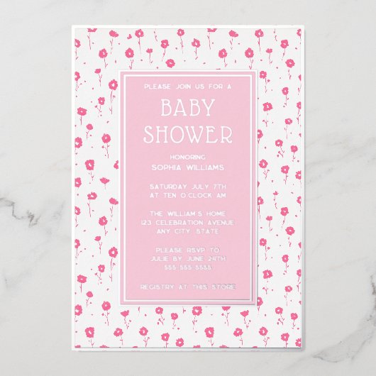 Babydusche Einladungen Blumenrosa Silber Niedlich (Vorderseite)