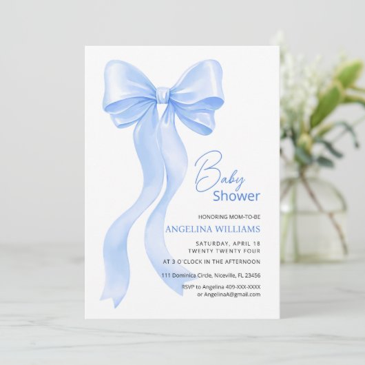 Babydusche Einladungen mit bezauberndem Bogen. (Stehend Vorderseite)