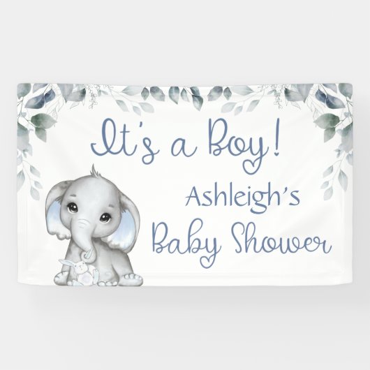 Babydusche Elefant ITS A BOY Botanical Blue Banner (Horizontal)