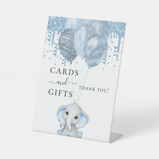Babydusche Elefantenjunge blaue Ballons weiße Gesc Sockelschild (Vorderseite)