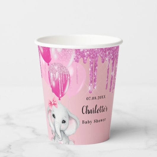 Babydusche Elefantenmädchen Rosa Glitzer Tropfen Pappbecher (Rückseite)