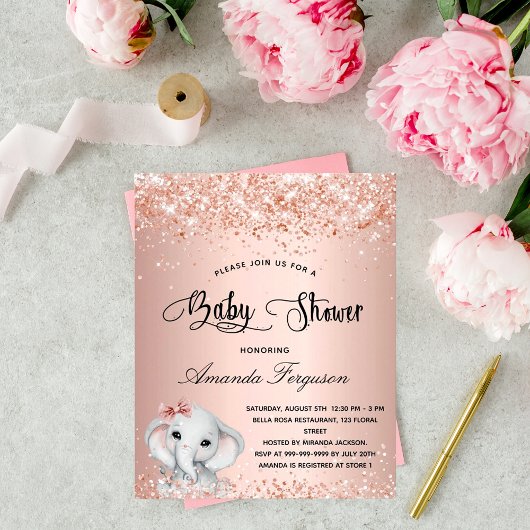 Babydusche Elefantenmädchen Rose Einladung