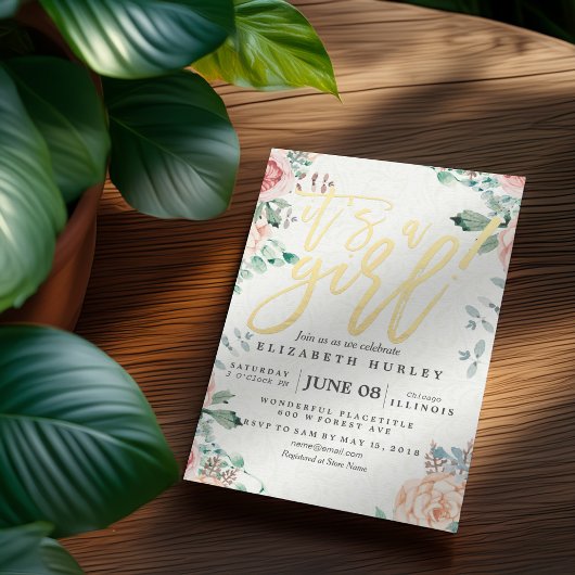 Babydusche Elegante Aquarell Blütenschrift Gold Sc Einladung