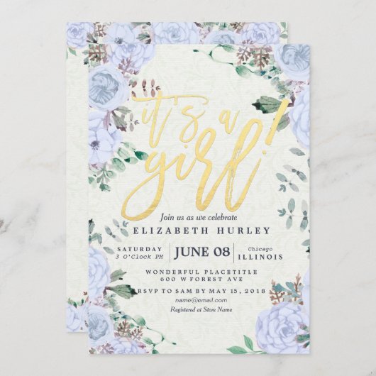 Babydusche Elegante Aquarell Blütenschrift Gold Sc Einladung (Vorne/Hinten)