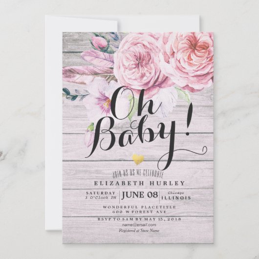 Babydusche Elegante Aquarellfarben Rustikales Holz Einladung (Vorderseite)