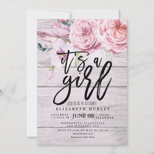 Babydusche Elegante Aquarellfarben Rustikales Holz Einladung (Vorderseite)