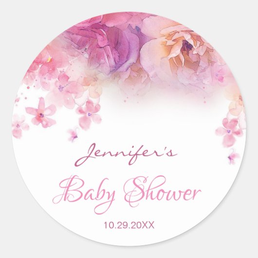 Babydusche Elegante Handschrift Wasserfarben Blume Runder Aufkleber (Vorderseite)