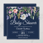 Babydusche Elegante Wildblumen Navy Blue Floral Einladung (Vorne/Hinten)