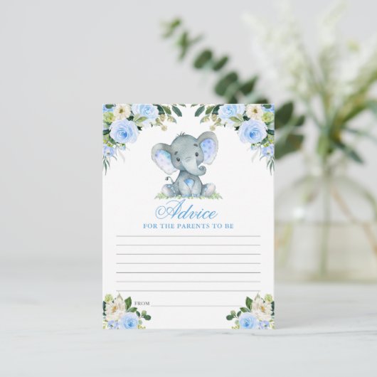 Babydusche Elephant Blue Floral Advice Card Postkarte (Stehend Vorderseite)