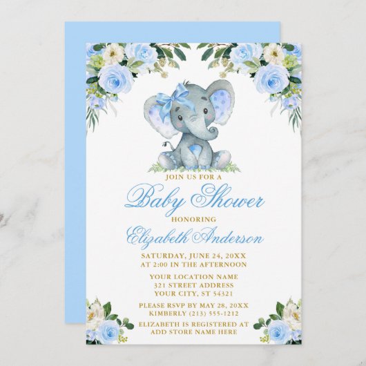 Babydusche Elephant Bow Blue Floral Gold Einladung (Vorne/Hinten)