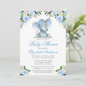Babydusche Elephant Bow Blue Floral Silver Einladung (Stehend Vorderseite)