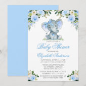 Babydusche Elephant Bow Blue Floral Silver Einladung (Vorne/Hinten)