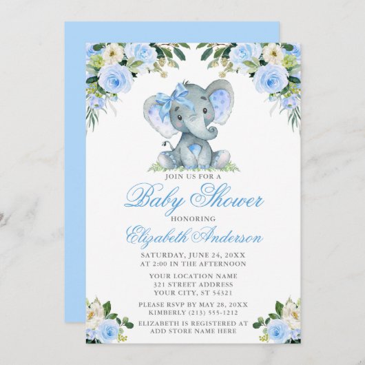 Babydusche Elephant Bow Blue Floral Silver Einladung (Vorne/Hinten)