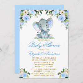 Babydusche Elephant Watercolor Blue Floral Gold Einladung