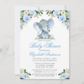 Babydusche Elephant Watercolor Blue Floral Silver Einladung (Vorderseite)