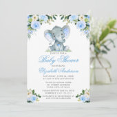 Babydusche Elephant Watercolor Blue Floral Silver Einladung (Stehend Vorderseite)