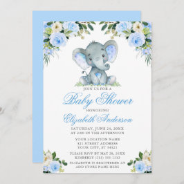 Babydusche Elephant Watercolor Blue Floral Silver Einladung