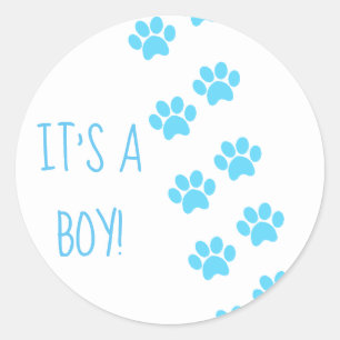 Babydusche Es ist ein Boy Blue Paw Prints Fevor Runder Aufkleber