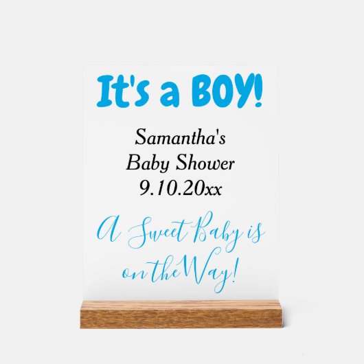 Babydusche Es ist ein junger blauer Name Acrylschild (Vorderseite)