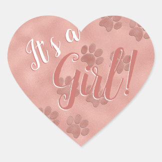Babydusche Es ist eine Girl Rose Gold Paw Prints H Herz-Aufkleber