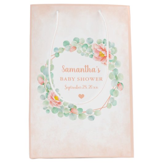 Babydusche Eucalyptus Blätter Blumenkronen Peach Mittlere Geschenktüte (Vorderseite)