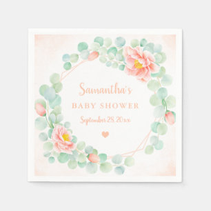 Babydusche Eucalyptus Blätter Blumenkronen Peach Serviette