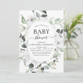 Babydusche Eukalyptus Floral Weiße Rosen Grünpflan Einladung (Stehend Vorderseite)
