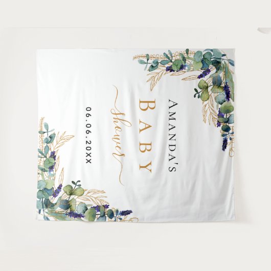 Babydusche Eukalyptusgrün, goldenes Monogramm Wandteppich (Vorderseite (Horizontal))