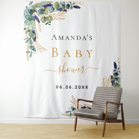 Babydusche Eukalyptusgrün, goldenes Monogramm Wandteppich (Beispiel)