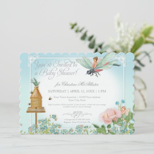 Babydusche Fairy Garden Bees Dragonfly Rose Art Einladung (Stehend Vorderseite)