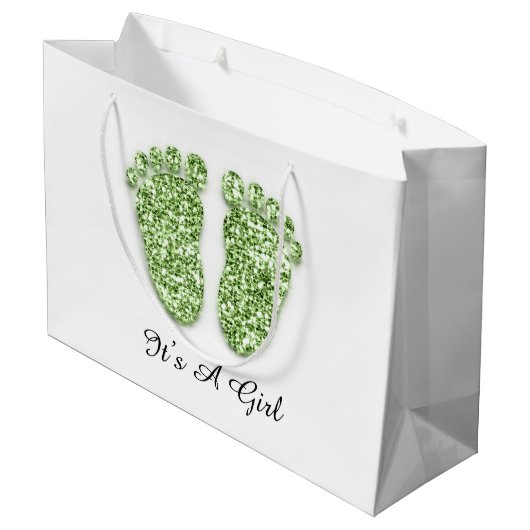 Babydusche Feet Es ist ein Junge Mädchen grün weiß Große Geschenktüte (Rückseite Schrägansicht)