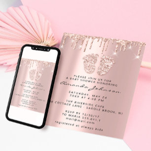 Babydusche Feet Glitzer Rosa Tropfen Foto Boy Girl Einladung