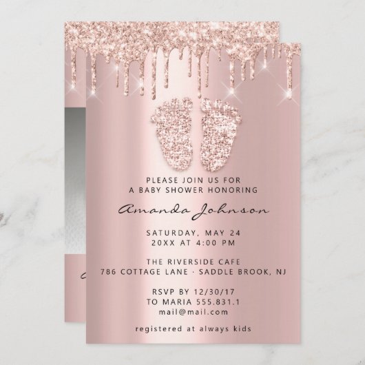 Babydusche Feet Glitzer Rosa Tropfen Foto Boy Girl Einladung (Vorne/Hinten)