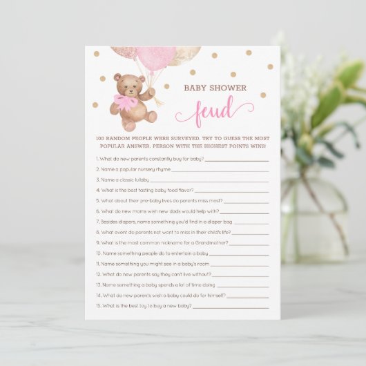 Babydusche Feud Game Teddy Bear Card Einladung (Stehend Vorderseite)