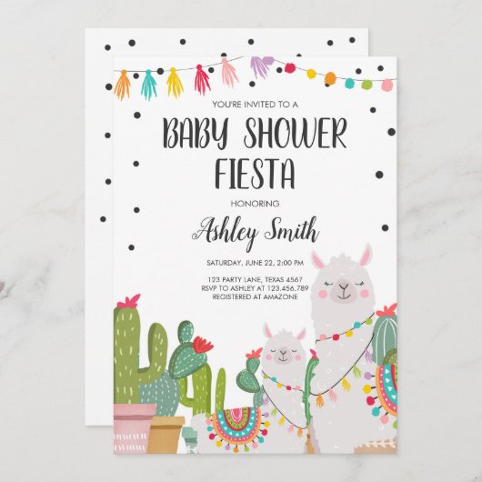 Babydusche Fiesta Cactus Llama Confetti Mexican Einladung (Vorne/Hinten)