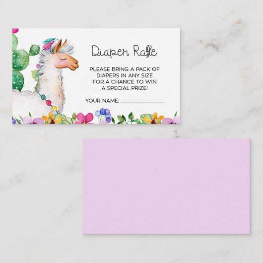 Babydusche Fiesta Llama Cactus Diaper Raffle Begleitkarte (Vorne/Hinten)