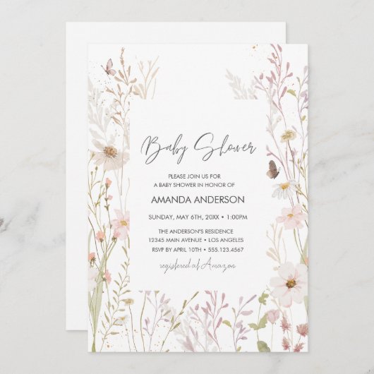 Babydusche Floral Boho Wildblumen Dusche Einladung (Vorne/Hinten)