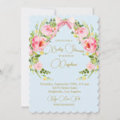 Babydusche Floral Wappen Regency Bow Pink Blau Einladung (Vorderseite)