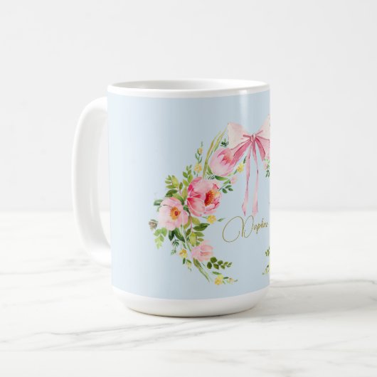 Babydusche Floral Wappen Regency Bow Pink Blau Kaffeetasse (Vorderseite Links)