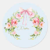 Babydusche Floral Wappen Regency Bow Pink Blau Runder Aufkleber (Vorderseite)