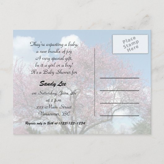 Babydusche, Frühlingskirschblüte Einladungspostkarte (Rückseite)
