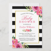 Babydusche Fuchsia Lila Red Floral Stripes Einladung (Vorderseite)