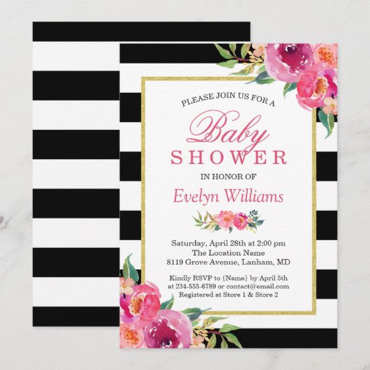 Babydusche Fuchsia Lila Red Floral Stripes Einladung (Vorne/Hinten)